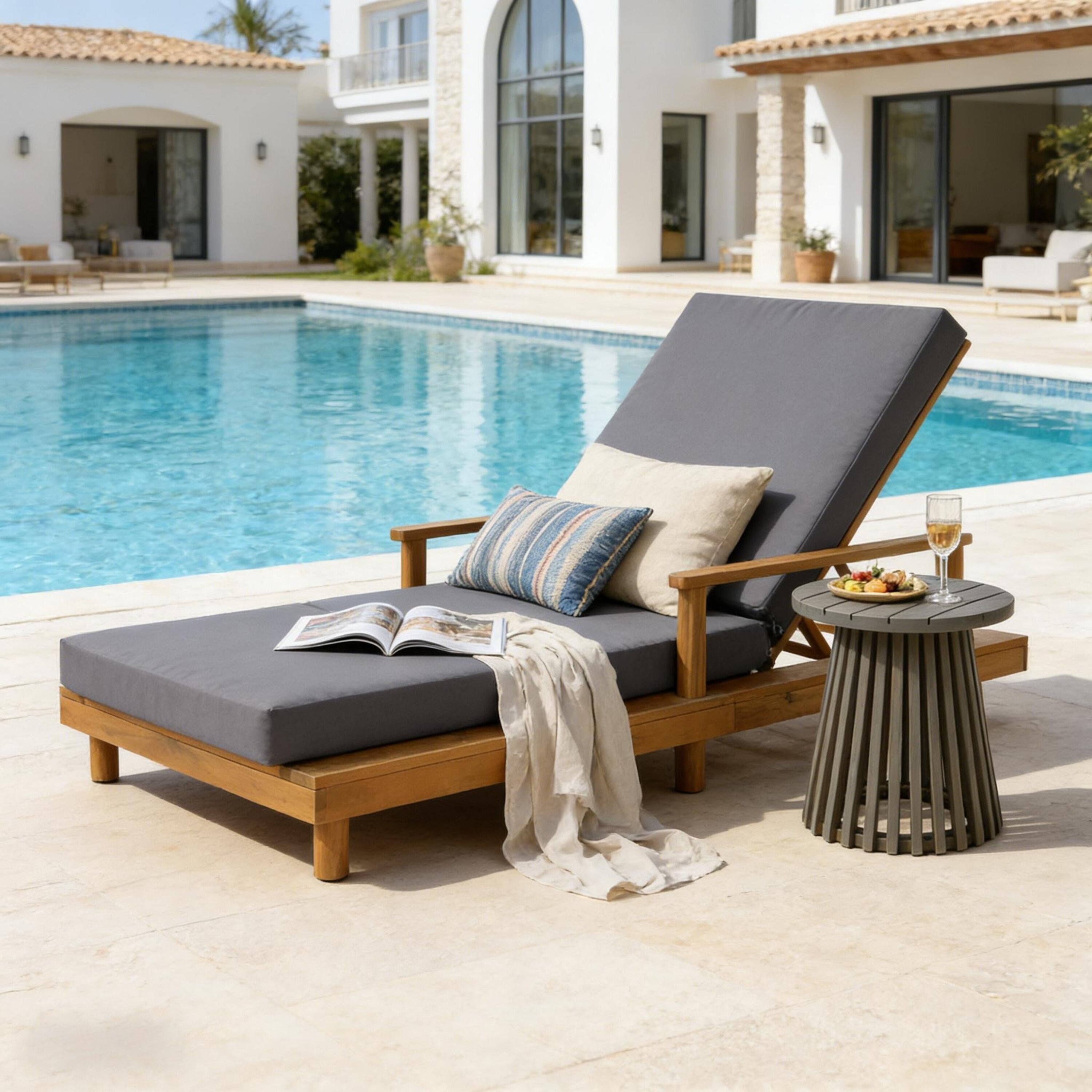 Christopher Knight Home - Modern Indoor/Outdoor Acacia Wood Chaise Lounge with 3-Position Adjustable Backrest & 3-Fold Cushion