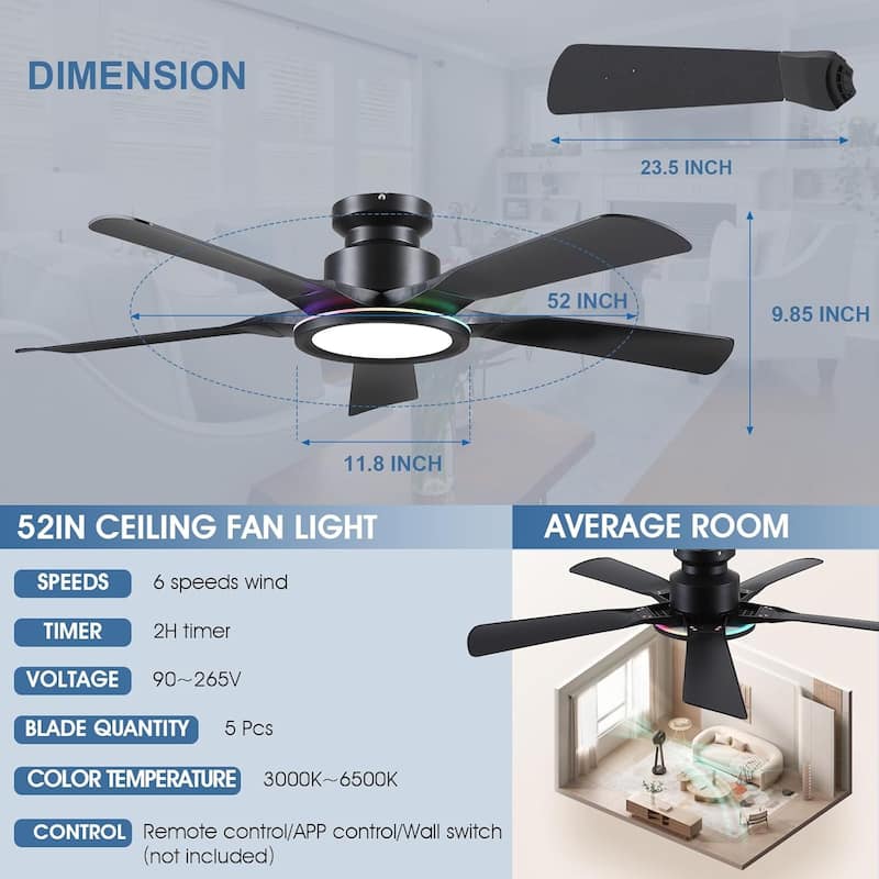 52 Inches RGB Flush Mount Ceiling Fan with Light,Reversible DC Motor for Bedroom Living Room Patio - 52 Inches