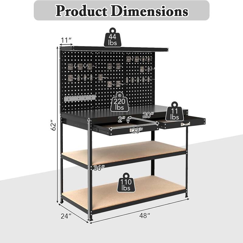 Heavy Duty Work Bench w/ Pegboard 48" x 24" Work Table w/ Drawers