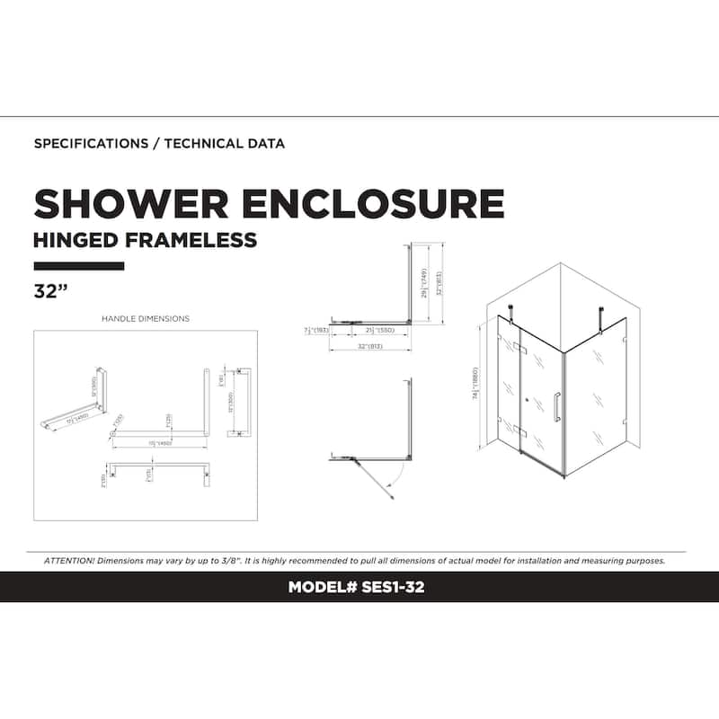 Fine Fixtures Frameless Shower Enclosure Hinged Glass Shower Door - Tempered Glass