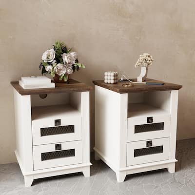Farmhouse Nightstand Set of 2 with Charging Station, End Table