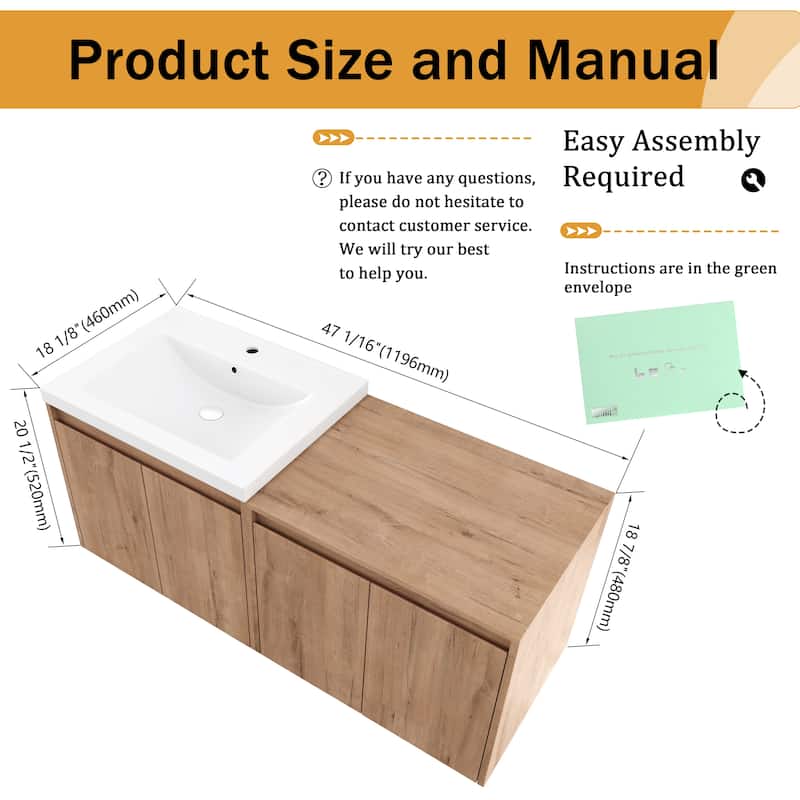 Malwee 24"/48" Floating Bathroom Vanity,Wall Mounted Bathroom Vanity with Sink,Soft Close Door and Adjustable Shelf