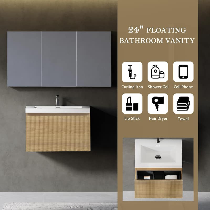 24'' Floating Bathroom Vanity with Sink Combo, Modern Wall-Mounted Striped Bathroom Storage Cabinet with Soft-Close Drawer