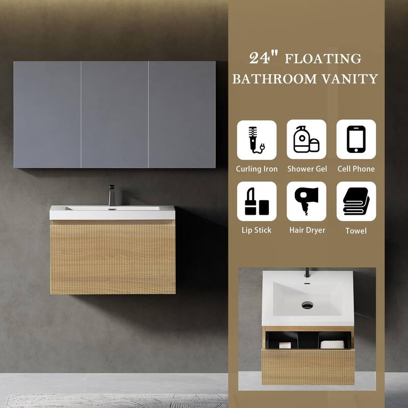 GDFStudio - Camden 24-Inch Floating Bathroom Vanity with Solid Surface Basin and Fluted Storage Drawer