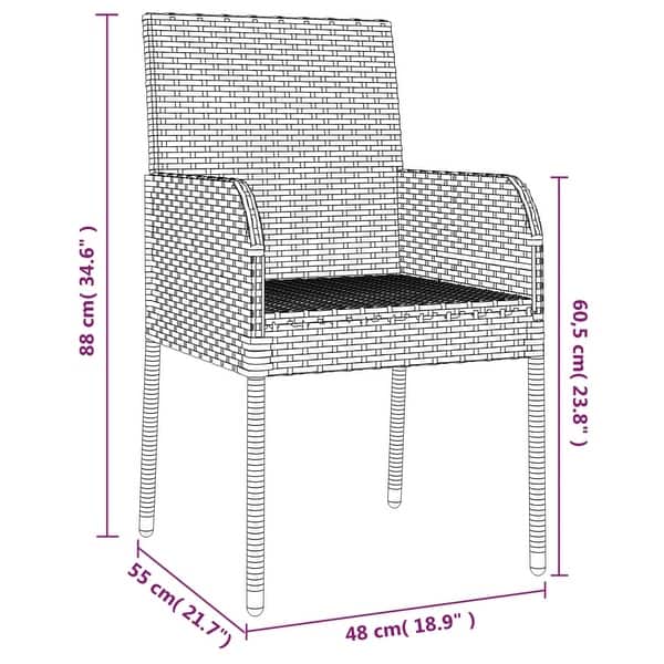 dimension image slide 1 of 13, vidaXL 3 Piece Patio Dining Set with Cushions Black Poly Rattan - 18.9" x 21.7" x 34.6"