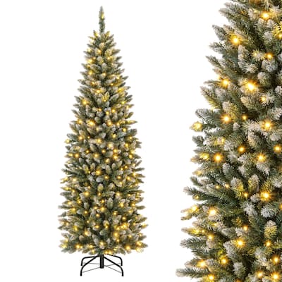 Costway 6FT/9FT Pre-Lit Christmas Tree Hinged Slim Pencil Xmas with