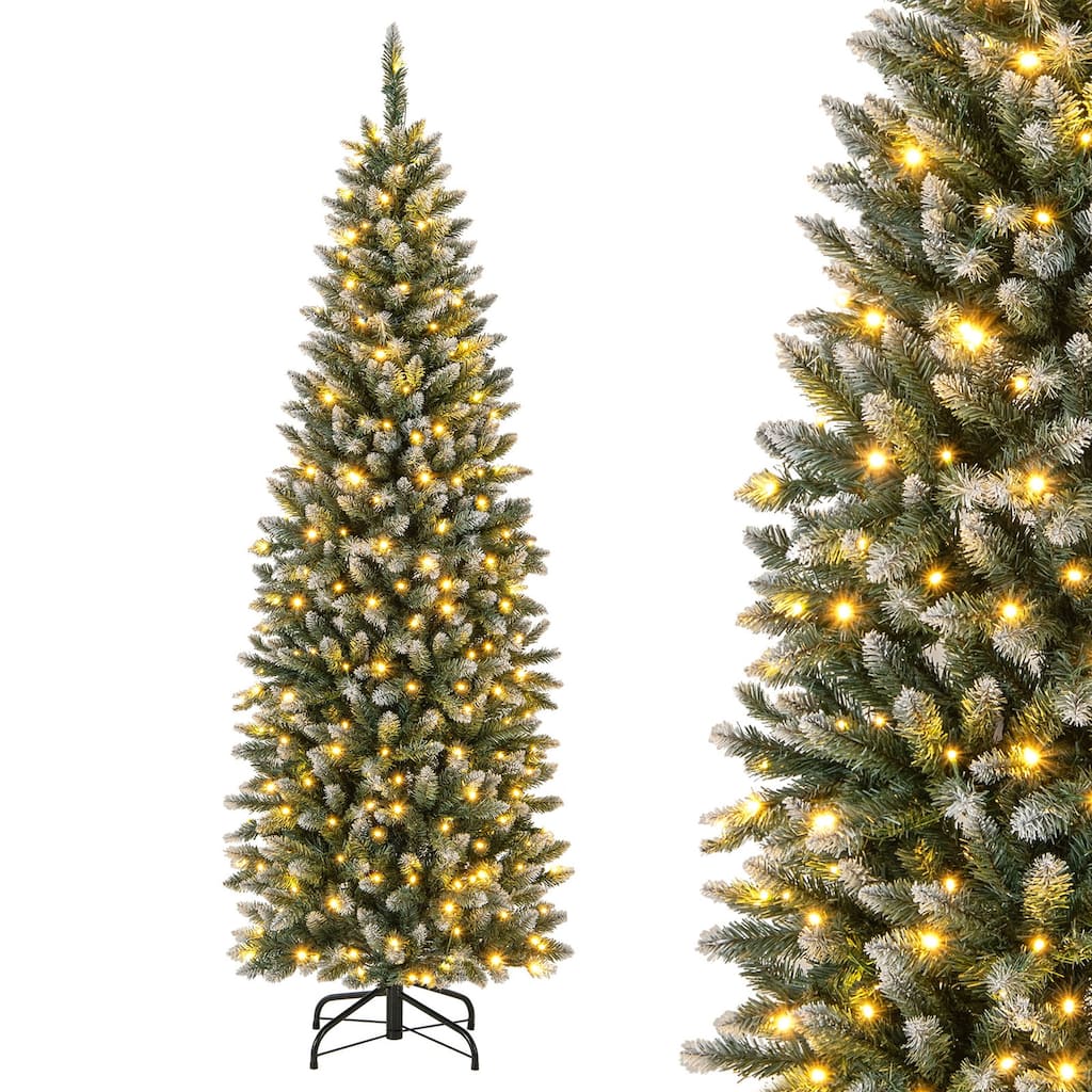 Costway 6FT/9FT Pre-Lit Christmas Tree Hinged Slim Pencil Xmas with