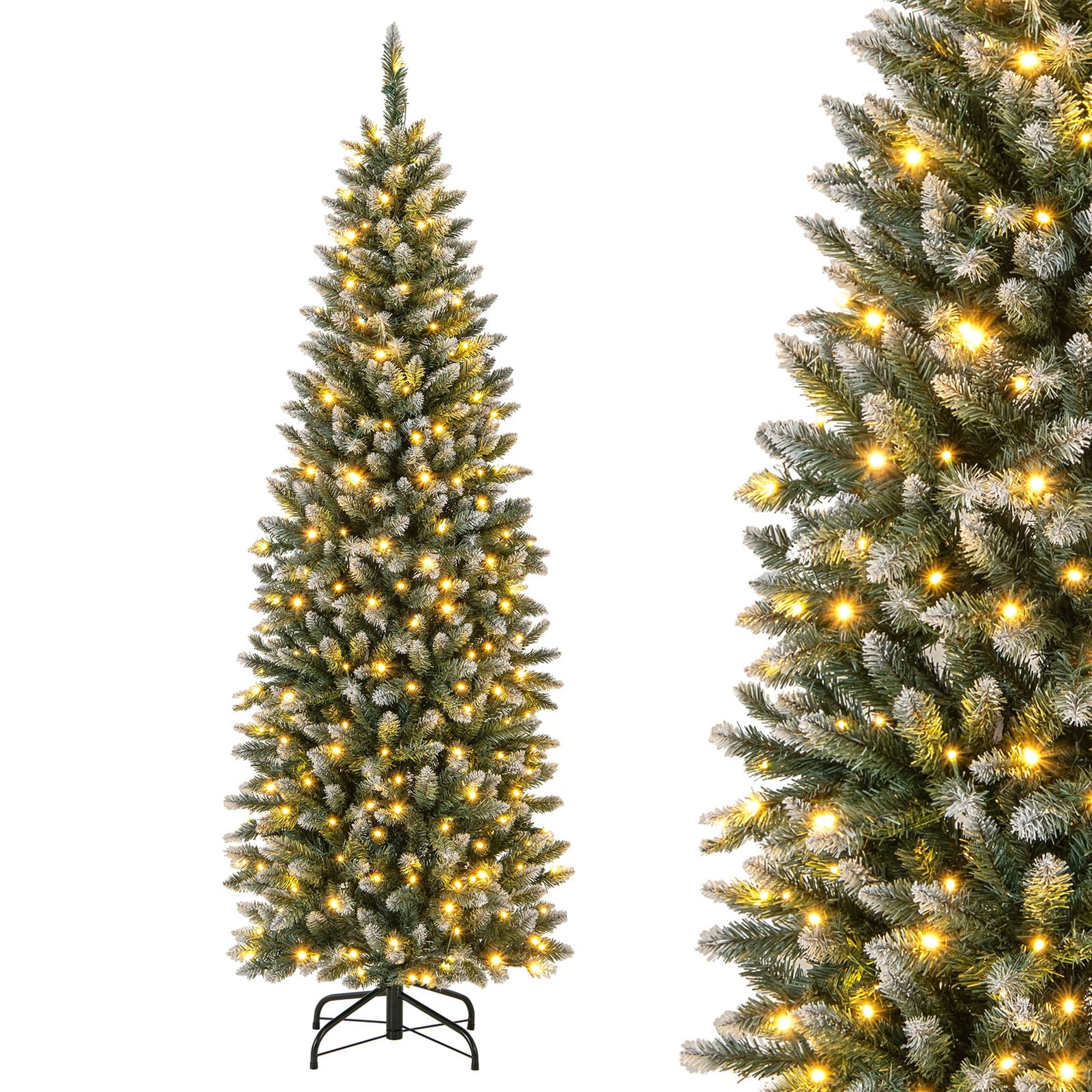 Costway 6FT/9FT Pre-Lit Christmas Tree Hinged Slim Pencil Xmas with