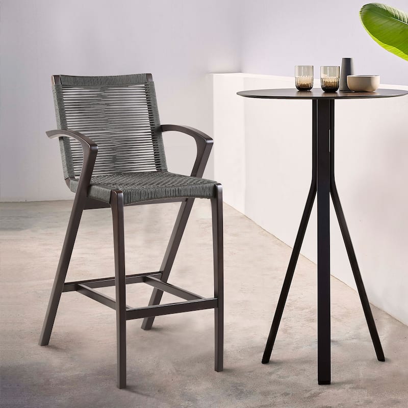 Brielle Solid Eucalyptus Wood and Rope Outdoor Patio Bar Height Stool