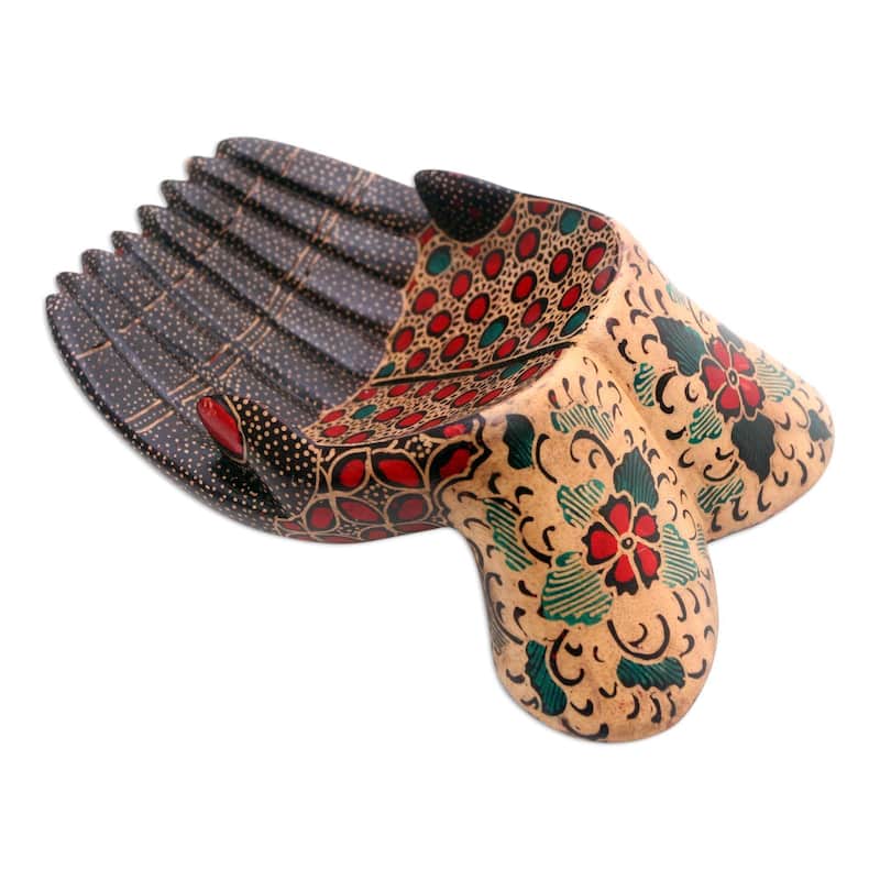 Novica Handmade Giving Hands Batik Wood Catchall - 2.4" H x 7.75" W x 5" D