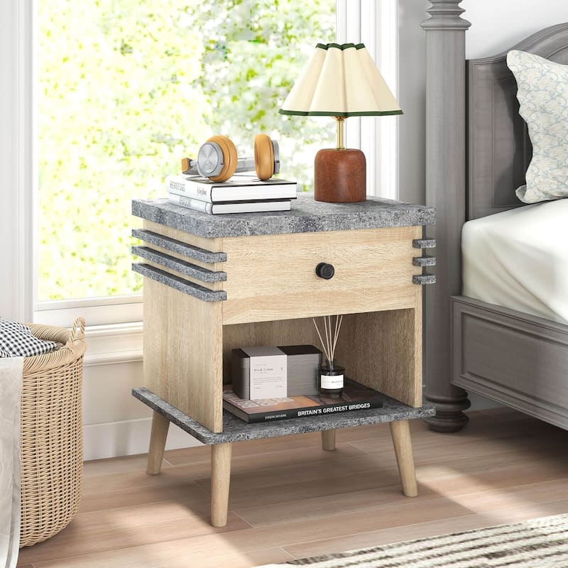 Costway 1/2 PCS 3-Tier Bedside Table with Antique Grey Faux Marble Top