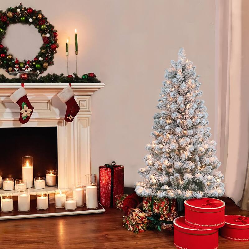 4.5' Flocked Virginia Pine Artificial Christmas Tree, Clear Lights - 4.5 Foot