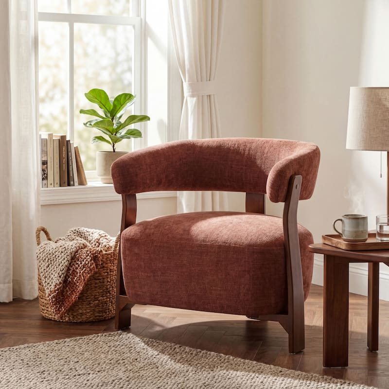 Christopher Knight Home - Accent Arm Chair Modern Upholstered Chair with Bent Wood Legs - Coral,Walnut