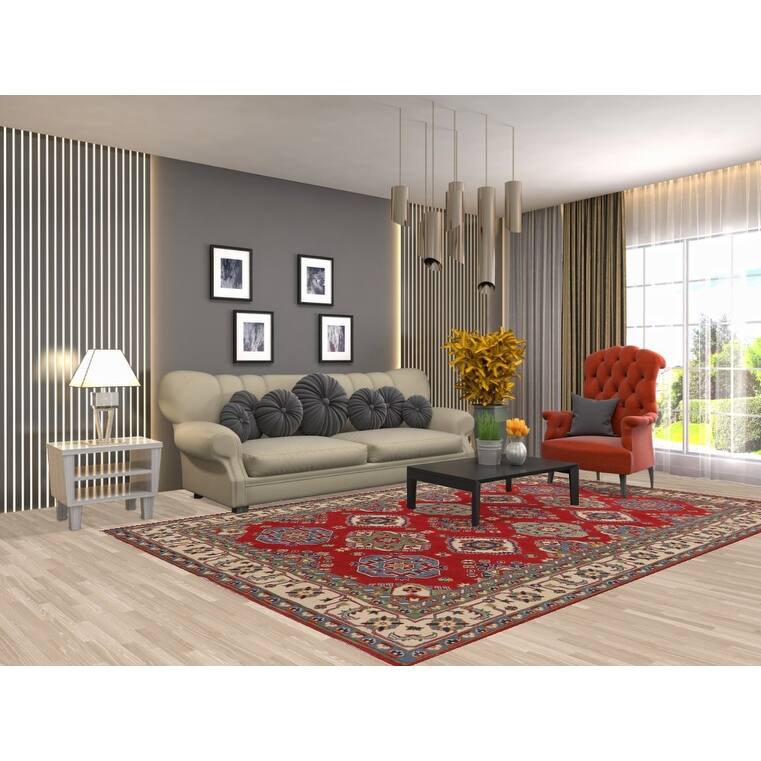 Geometric Red Kazak Area Rug Living Room Hand-Knotted Wool Carpet - 6'8" x 10'3"