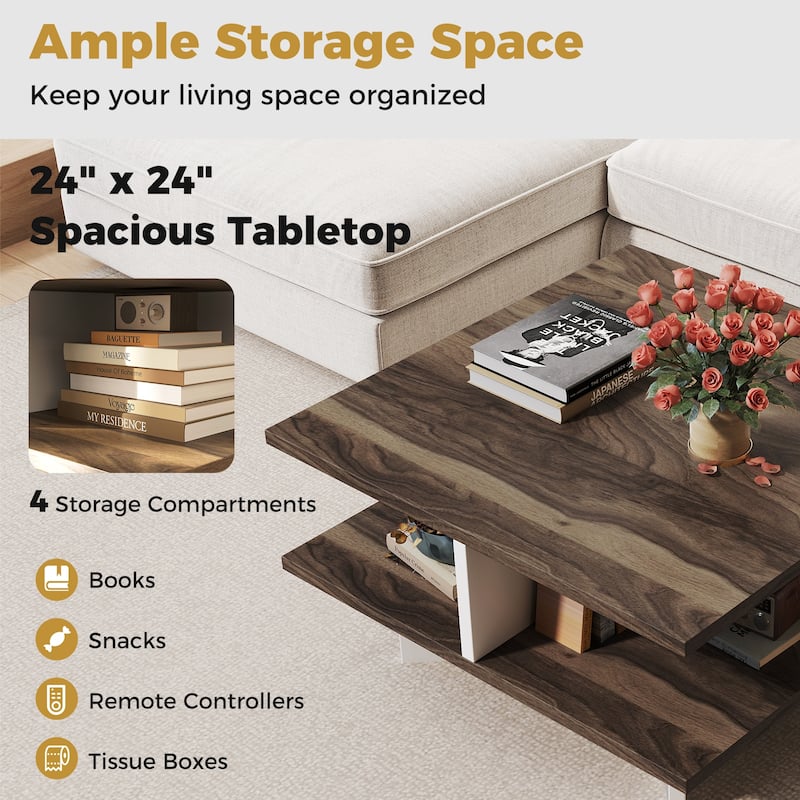 Stylish 2-Tier Multi-Functional Coffee Table with Storage Shelves and Cross-Shaped Base for Home Use - 24" x 24" x 13"