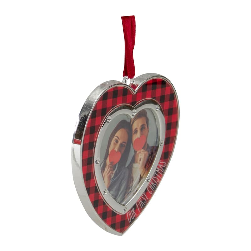 3" Silver Plated Buffalo Plaid Heart Shaped Picture Frame Ornament