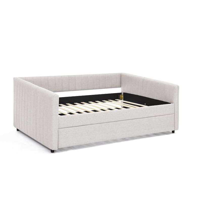 Full Size Daybed with Trundle Upholstered Sofa Bed, with Vertical Stripes, Linen Fabric, Beige (82.5"x58"x30")