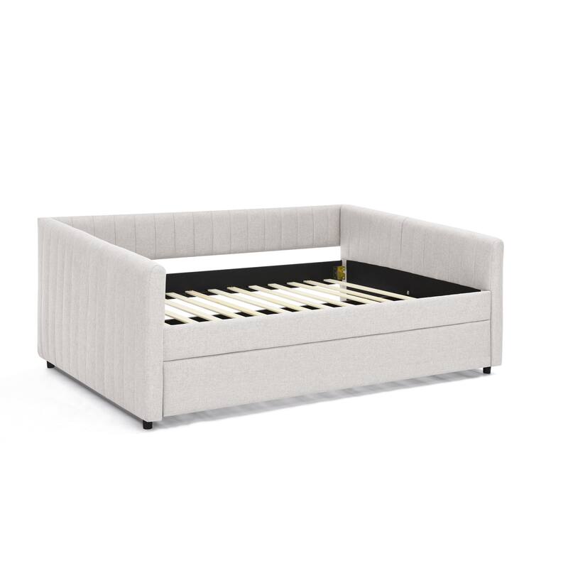 Full Size Upholstered Daybed with Trundle, Linen Fabric, Beige, Vertical Stripes Design