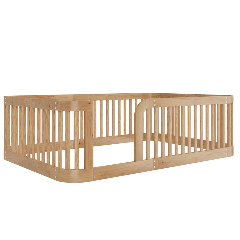 Floor Bed Frame with Fence, Montessori Toddler Bed, No Slats, No Doors, Rounded Corners Wooden Bed
