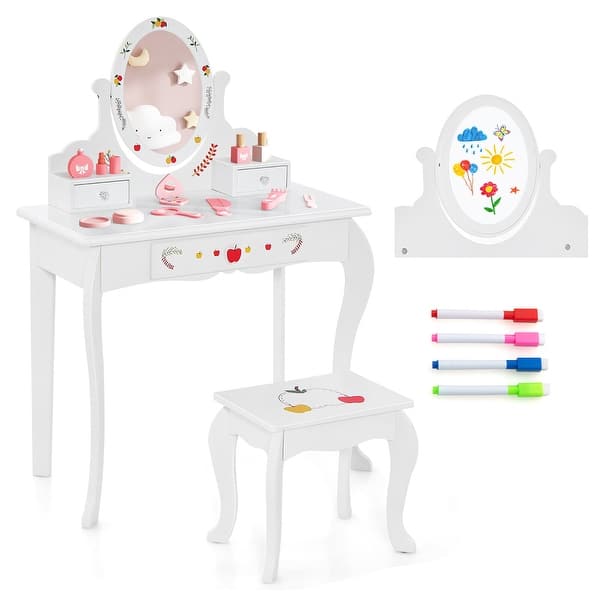 slide 2 of 10, Gymax Kid Vanity Table Stool Set Dual-use Rotatable Mirror Whiteboard White