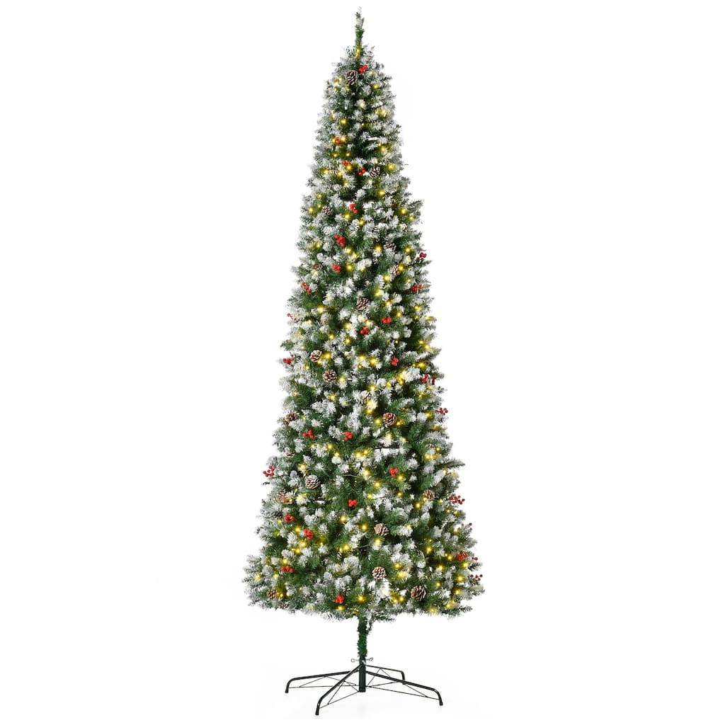 9ft Pre-Lit Artificial Christmas Tree with 460 LED Lights, Snow-Dipped Branches, Pine Cones & Red Berries, 1298 Tips