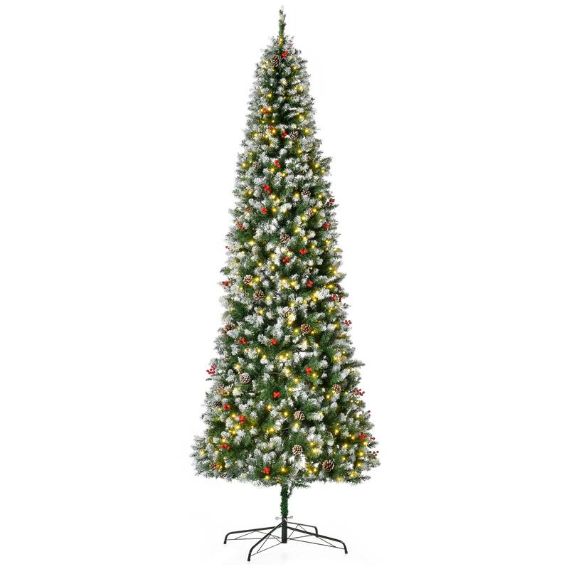 Snow-Flocked Artificial Christmas Tree with LED Lights, Pine Cones & Red Berries, 6ft, 7.5ft, 9ft - 9 Foot - Green