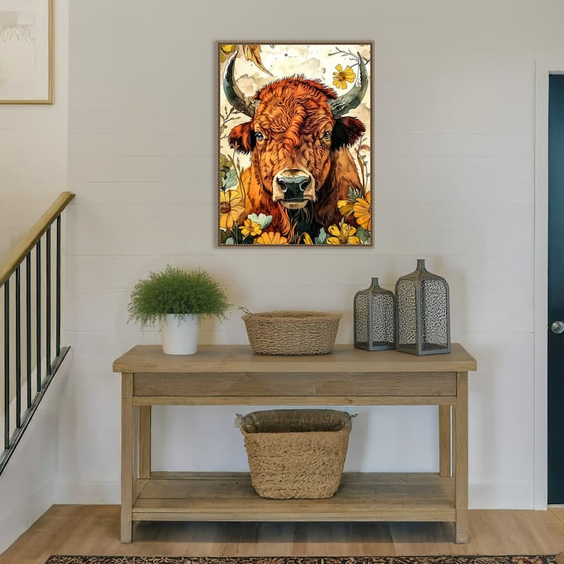 Buffalo in Flowers by Justyna Jaszke Framed Canvas Wall Art