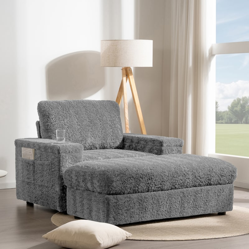 Roomfitters Oversized Chaise Lounge Sofa Bed with Ottoman, Faux Fur Sleeper Chair with Cup Holders