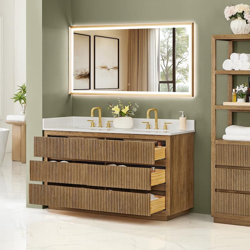 Navan Bathroom Vanity in Weathered Brown with Grain White Engineered Stone Countertop No Mirror