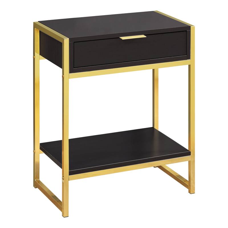 Modern 24" Bedside Table with Drawer and Shelf Rectangular Wood Top and Metal Frame Accent Table - 19.5”L x 12.75”W x 23.75”H - Gold-Dark-Brown