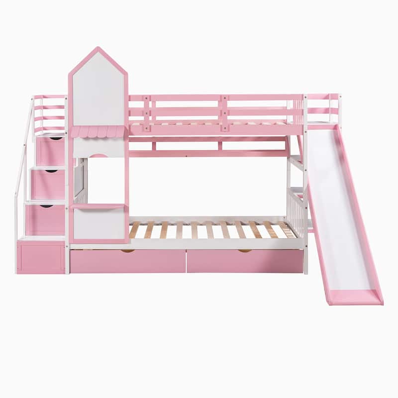 Twin-Over-Twin Wood Bunk Bed with Drawers, Shelves and Slide