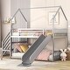 preview thumbnail 2 of 7, Silver Twin over Twin with House Roof Frame, Noslats Floor Bed, Slide and Storage Shelf Staircase Low Bunk Beds Metal House Bed