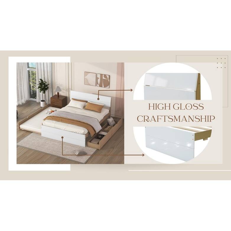 Full Size Wooden Platform Bed Frame with Trundle Bed and 2 Drawers