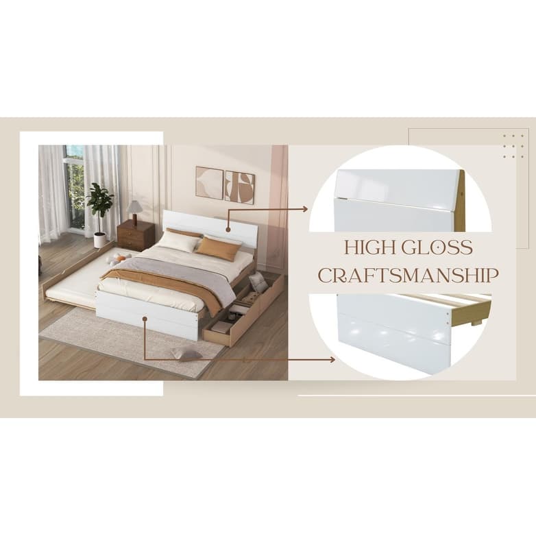 Modern Full Bed Frame With Twin Size Trundle And 2 Drawers,Strong Wooden Slats/Non-Slip and Noise-Free/No Fixed Headboard