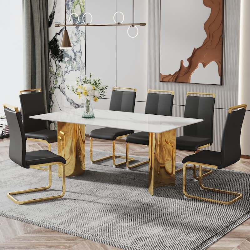 Roomfitters Dining Table with White Marble Glass Top and Gold Metal Legs for Kitchen or Living Room Use, White
