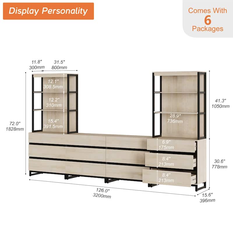 WAMPAT Modern TV Stand with 3 Tiers Bookshelf, Farmhouse Entertainment Center with 12 Drawers and Adjustable Shelf
