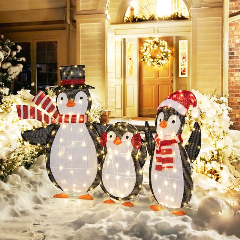 Gymax Lighted Christmas Penguins Set of 3 Christmas Penguin - Multi-colors - See Details