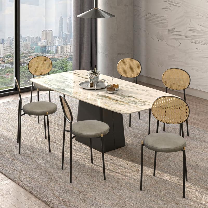 LeisureMod Euston Modern Dining Chair with Upholstered Velvet Seat - Wicker Back and White Stainless Steel Legs Accent Chair