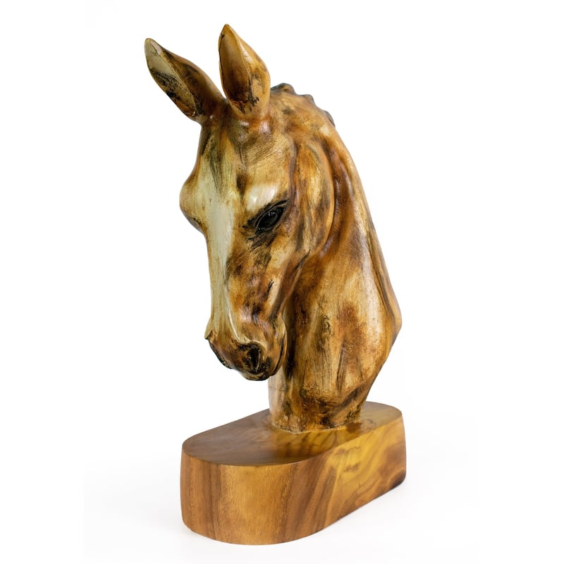 18" Solid Wood Hand Carved Horse Art Head Statue Sculpture Handcrafted Handmade Wooden Decorative Home Decor Accent Decoratio
