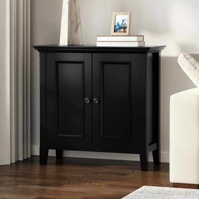 WYNDENHALL Halifax Solid Wood Transitional Low Storage Cabinet - 32"w x 14"d x 31" h - Black