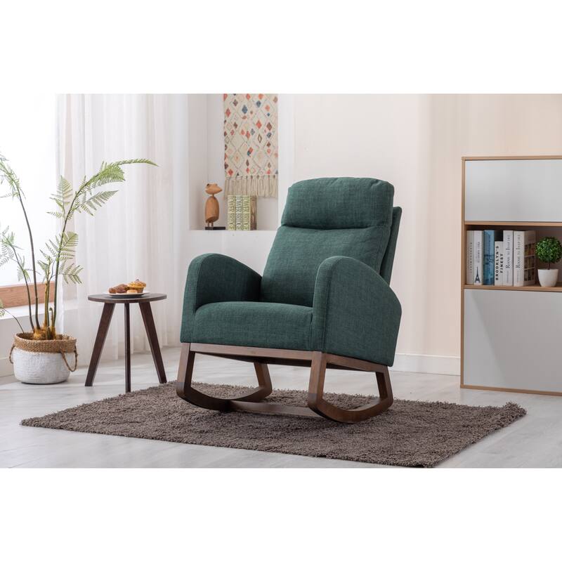 Modern Accent Upholstered Rocking Rocker High Back Arm Chair with Wooden Frame Side & Pockets for Living Room