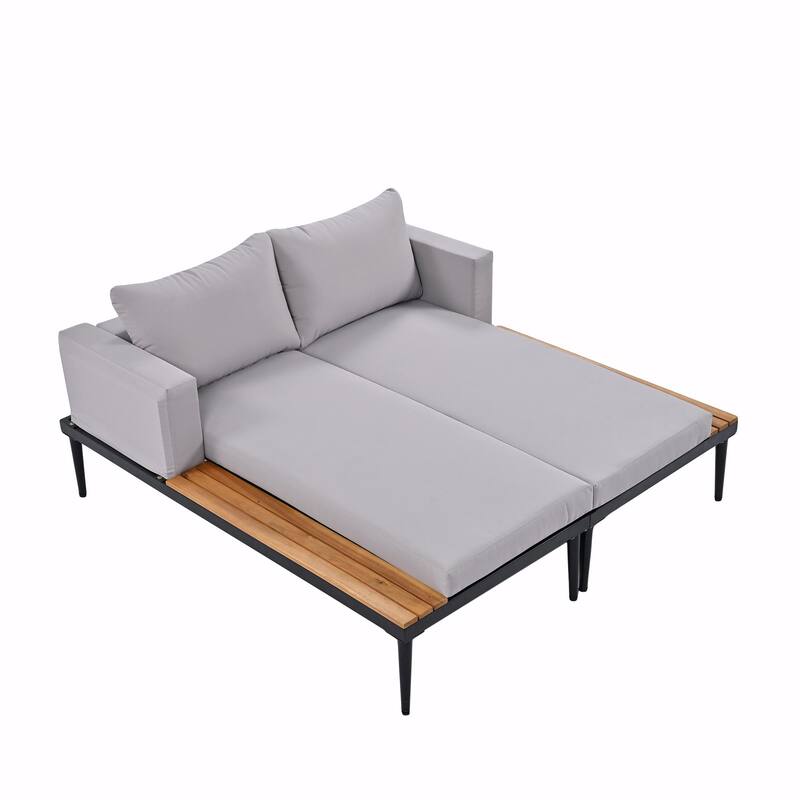 Modern Outdoor Metal Daybed with Wood Topped Side Spaces, 2-in-1 Padded Chaise Lounges