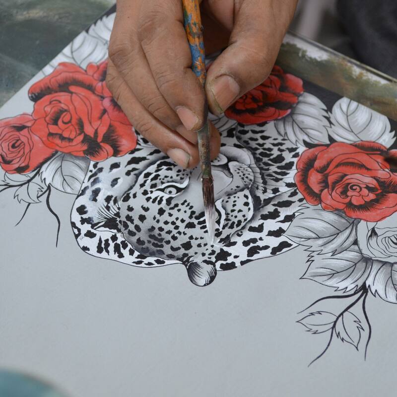 Handpainted Leather Ladies Organizer Wallet - Leopard Love - Pewter