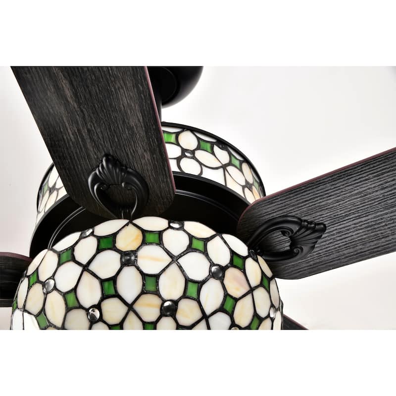 Guarvey 52-Inch Flushmount Two-Tiered Lighted Ceiling Fan Ivory Tiffany Glass Lamp Black Finish