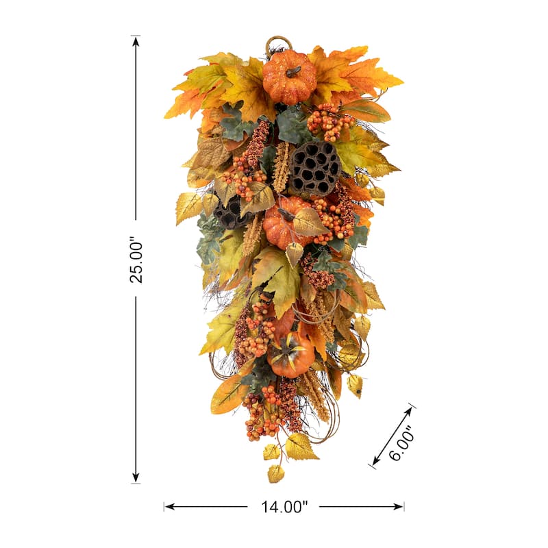 Glitzhome 26"H Fall Sunflower Pumpkin Lotus Leaf Teardrop Swag Wreath Thanksgiving