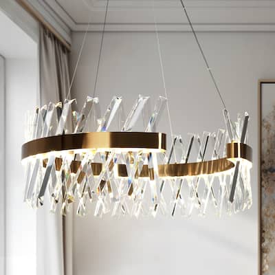 Modern 2-Light LED Crystal Gold Drum Chandelier for Dining Room - D23.2" x H9.4"