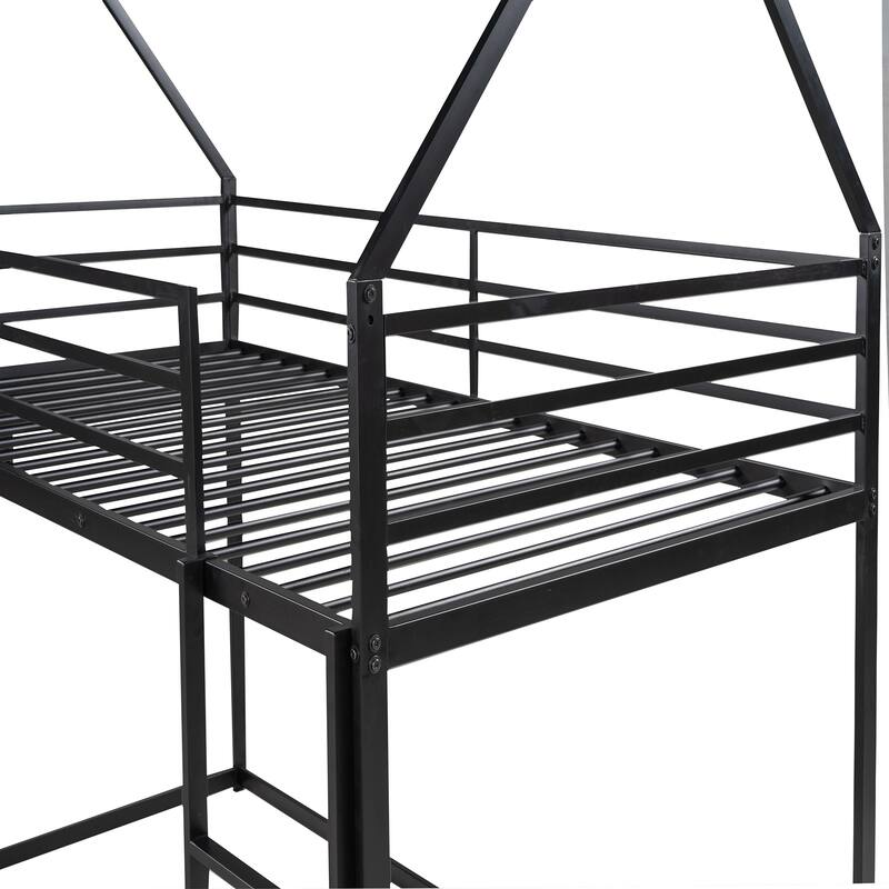 Twin Over Twin House Bunk Bed with Ladder and Slide, Black