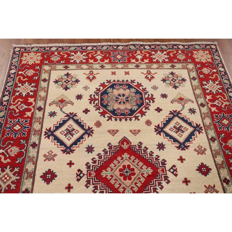 Geometric Beige Kazak Oriental Area Rug Handmade Wool Carpet - 5'0" x 6'8"