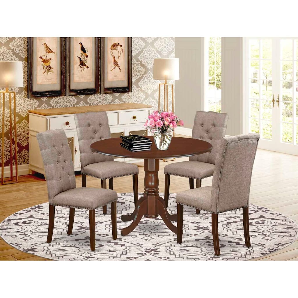HomeStock 5-Piece Round Mahogany Finish Solid Wood Top Dining Table with 4-Parson Chair with Lattice Back