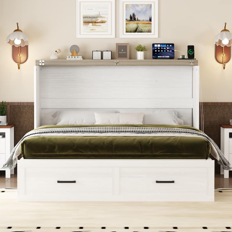 Wood Queen/Full Size Farmhouse Murphy Cabinet Bed with Charging Station - White - Queen